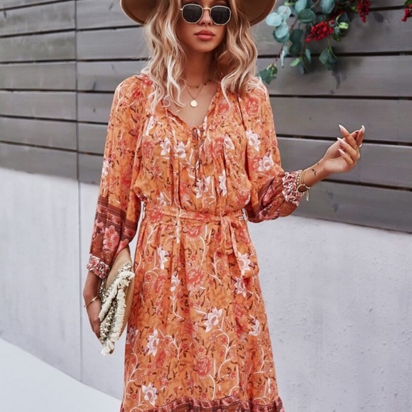 Boho floral print belted 3/4 sleeve dress - Picture 7 of 9